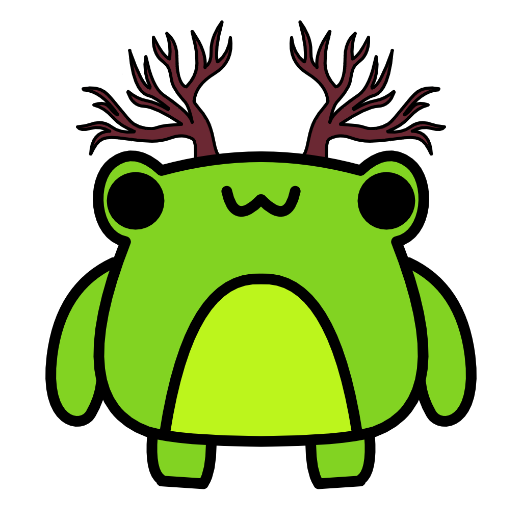 A round cartoon frog with antlers